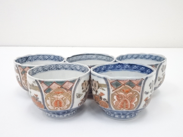 ANTIQUE JAPANESE IMARI / EDO ERA SMALL BOWL SET OF 5 / NISHIKI-DE PORCELAIN